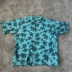 Vintage Reyn Spooner Hawaiian Shirt‎ Mens Large Teal Navy Blue Floral Print 90s